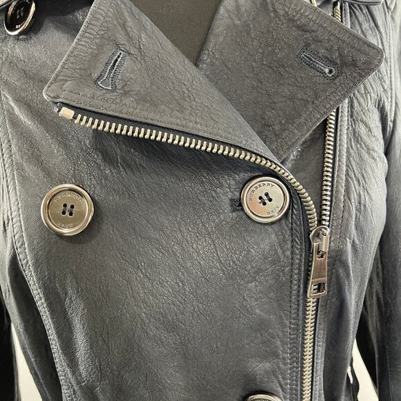 Burberry Brit Dark Blue Distressed Leather Belted Trench Coat Jacket US 6 UK 8 - Picture 8 of 16